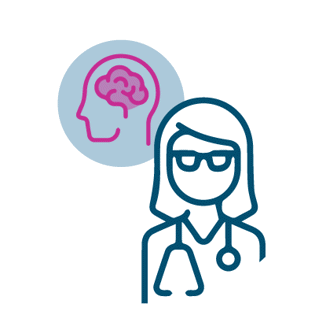 Illustration einer Ärztin mit Stethoskop und von einem Kopf mit farblich hervorgehobenen Gehirn.